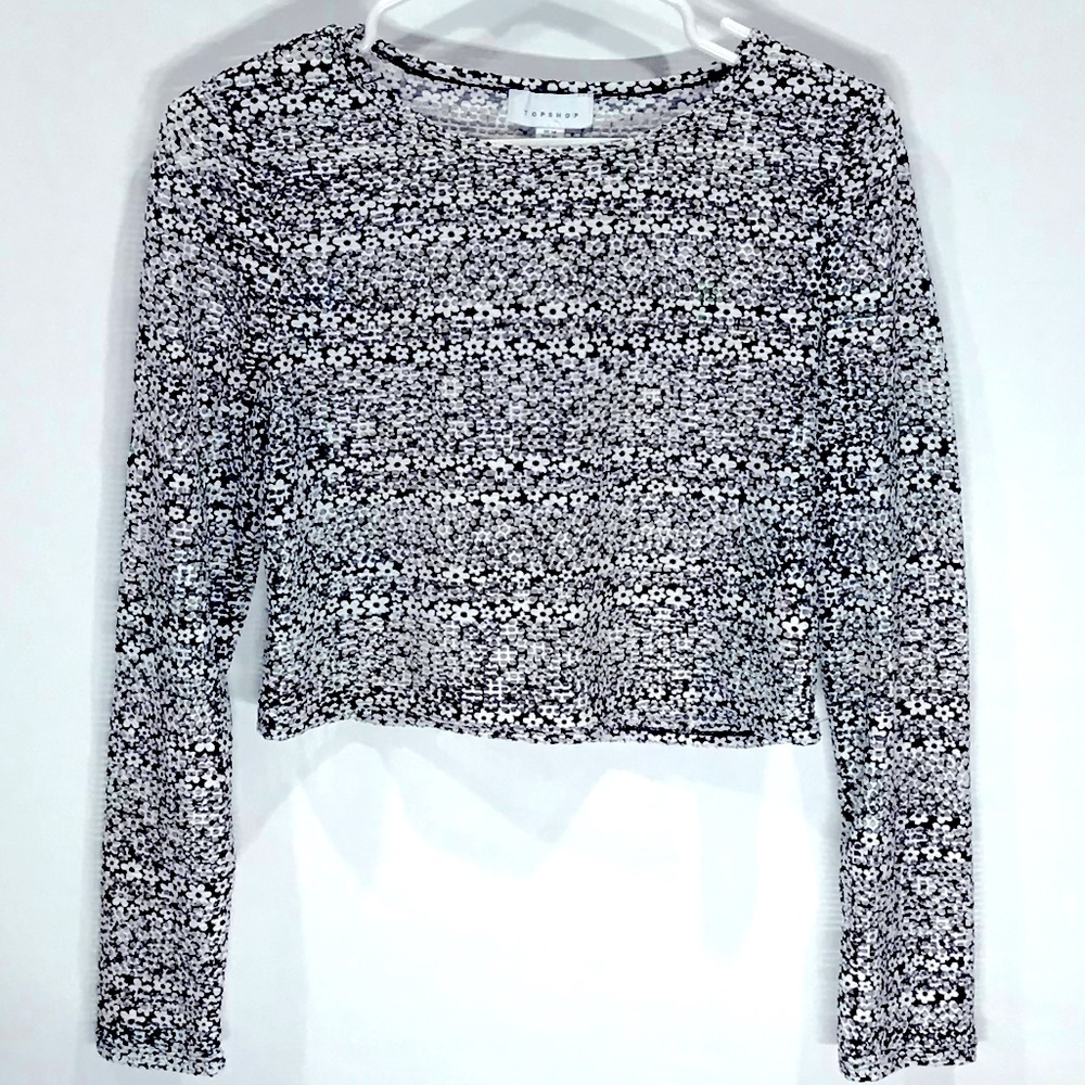 Topshop floral sheer mesh long sleeve women's crop top